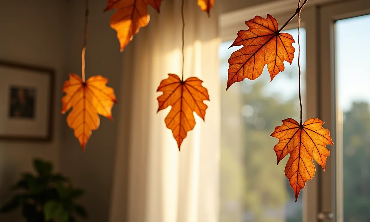 Móbile de folhas secas pendurado.