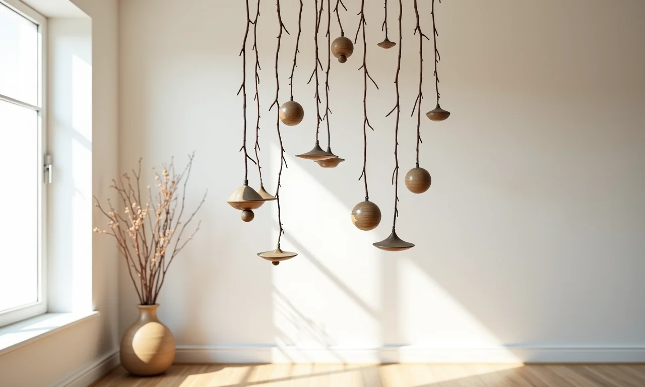 Móbile escultural feito de galhos secos pendurado em um interior minimalista.