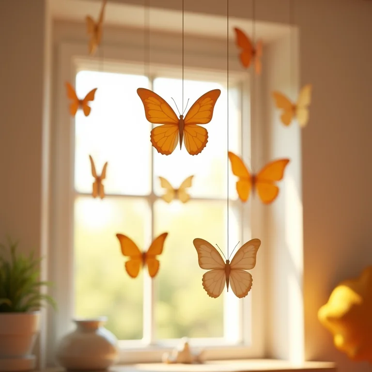 Móbiles de borboletas no teto.