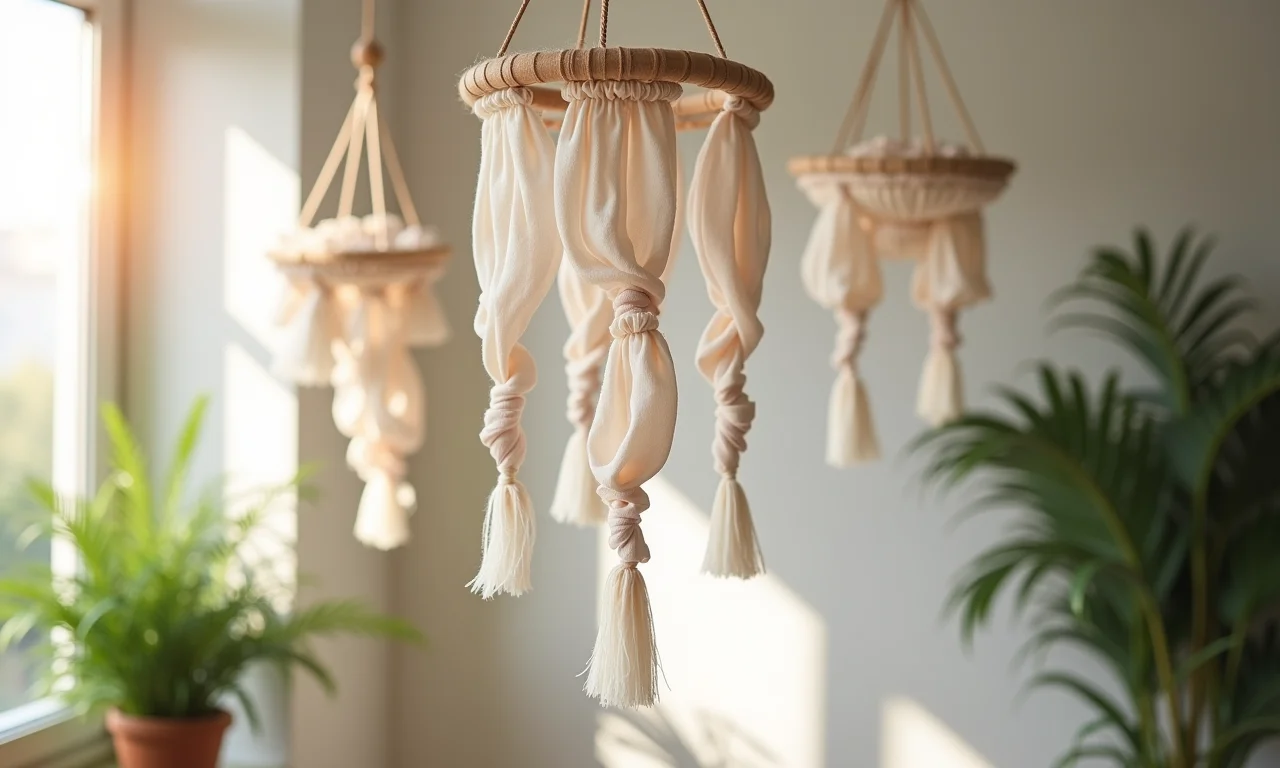 Móbiles de tecido delicados, leveza e charme suspensos no ar.
