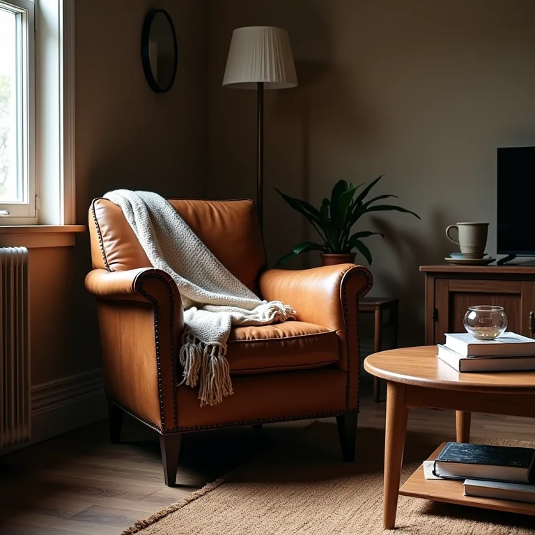 Mobiliário rústico e aconchegante: poltrona de couro, manta de tricô e mesa de madeira