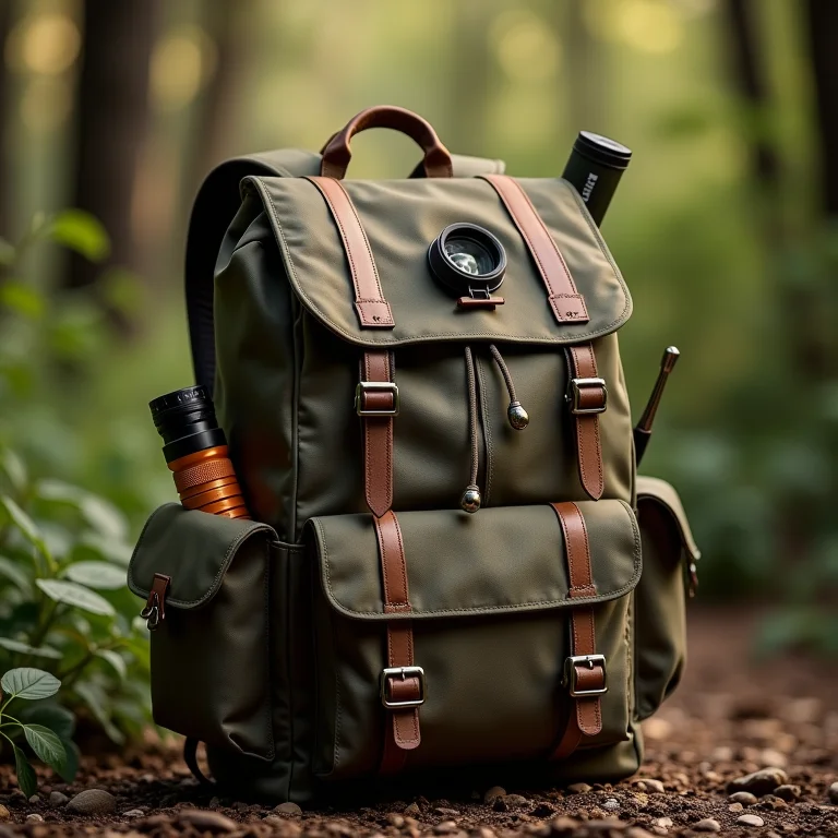Mochila com kit de caça ao tesouro essencial: bússola, lanterna, lupa e caderno.