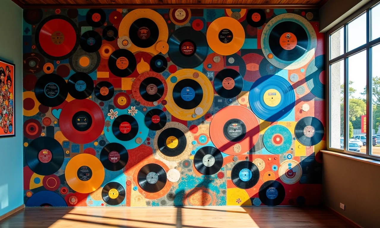 Mosaico de discos de vinil coloridos decorando uma parede.