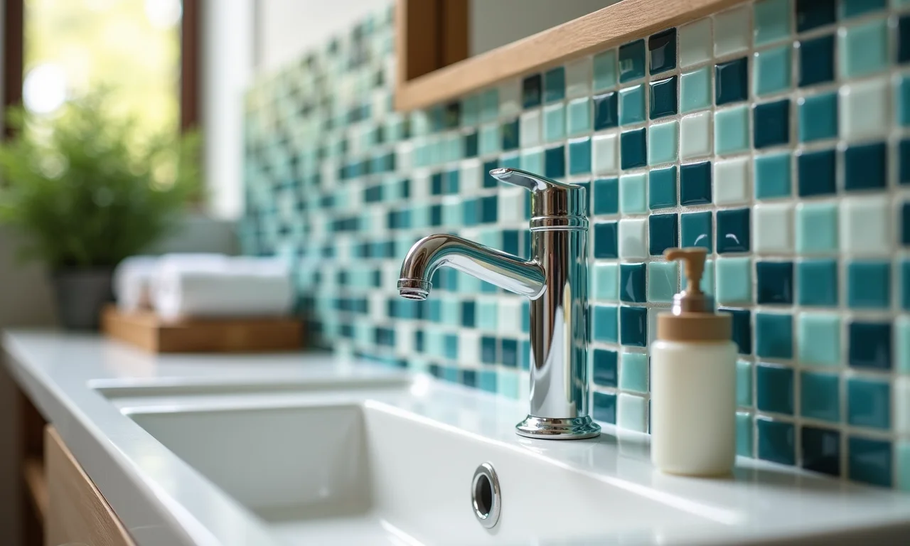 Mosaico personalizado de pastilhas no banheiro.