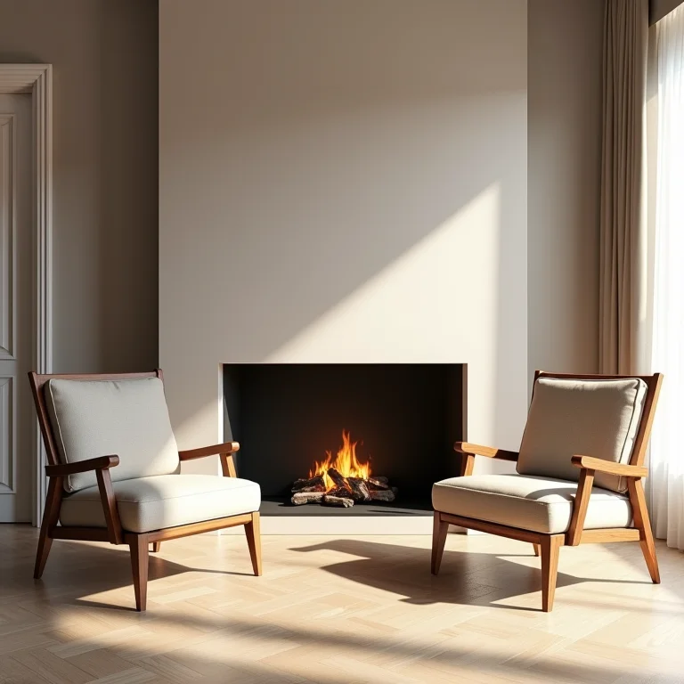 Móveis bloqueando a passagem em frente à lareira.