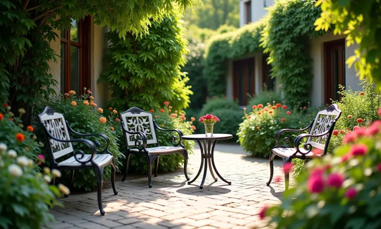 Móveis de ferro em um jardim exuberante com flores coloridas.