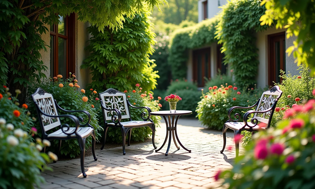 Móveis de ferro em um jardim exuberante com flores coloridas.