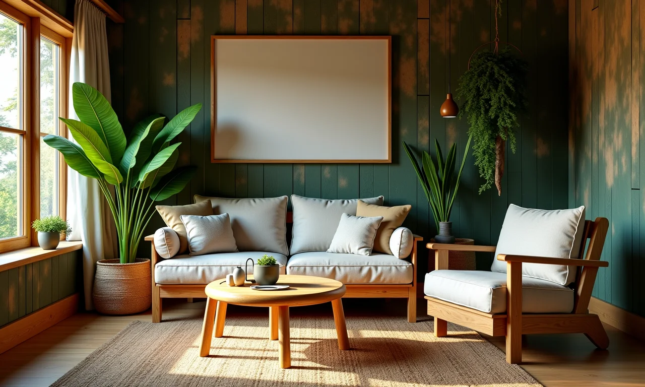 Móveis de madeira em quarto com tema de selva e texturas naturais.