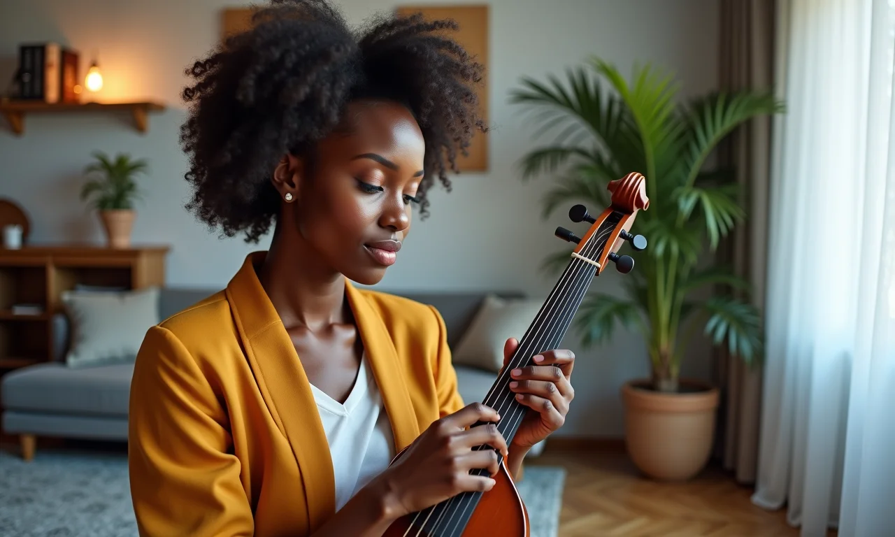 Mulher admirando instrumentos musicais como decoração em sala moderna.