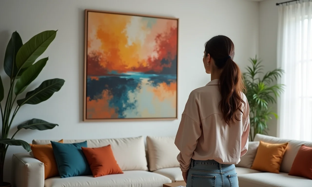 Mulher admirando quadro abstrato em sala de estar moderna.