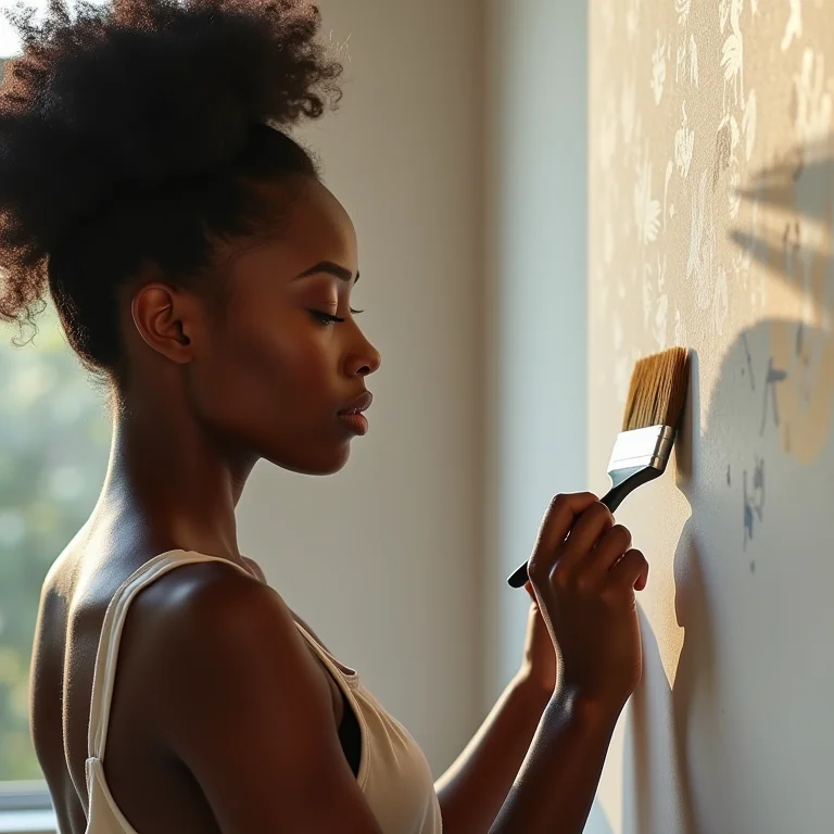 Mulher aplicando stencil com pincel.