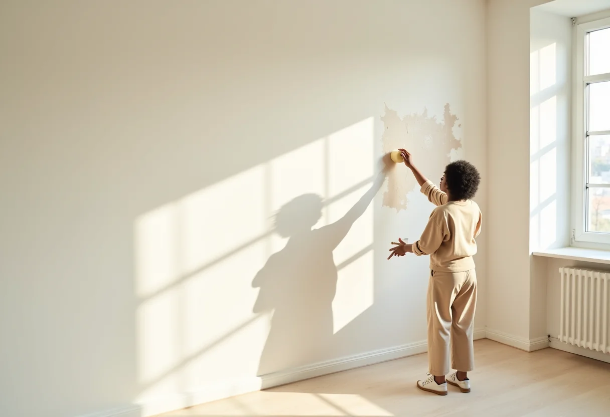 Mulher aplicando stencil floral em parede clara.