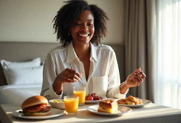 Mulher aproveitando café da manhã de hotel em ambiente moderno e iluminado