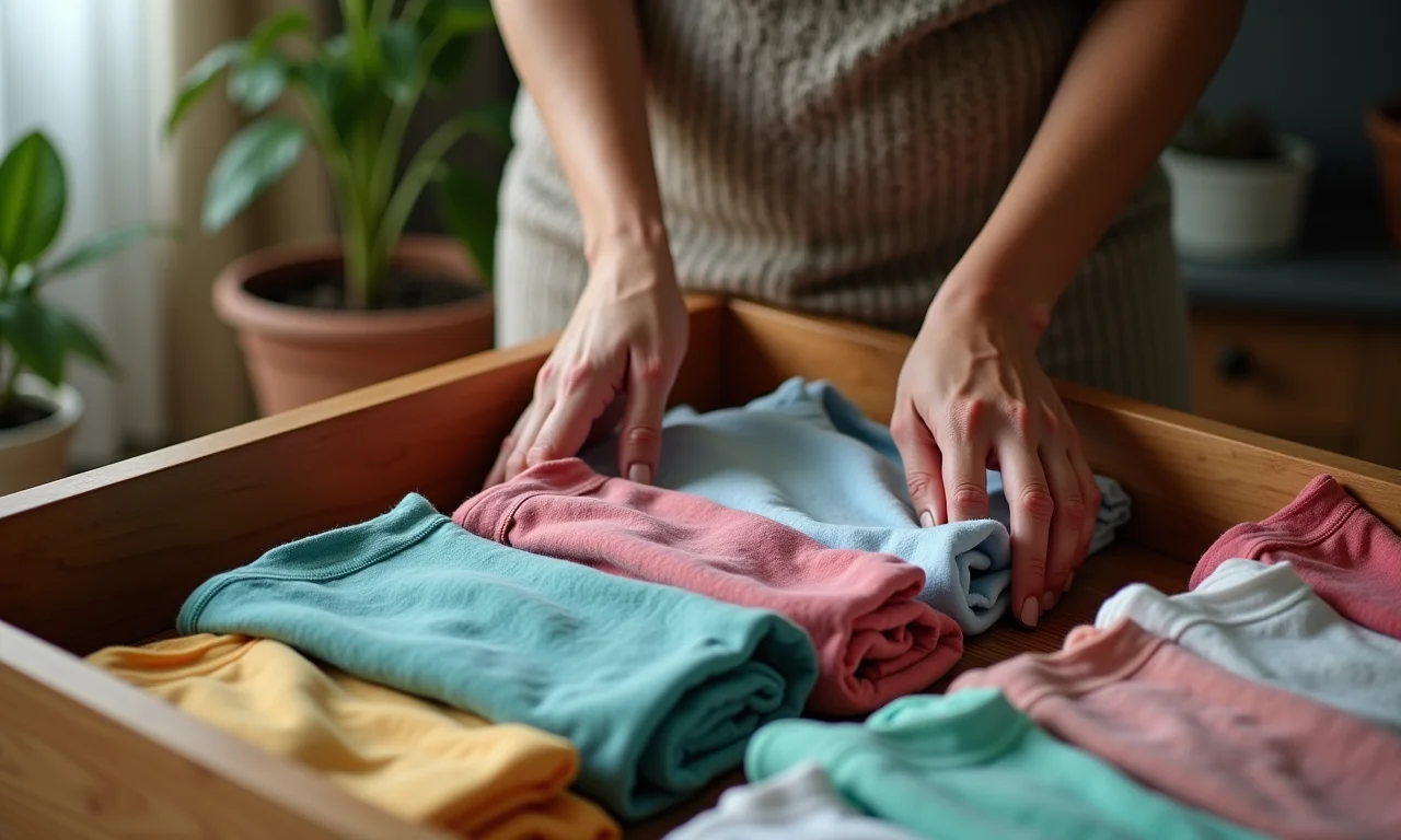 Mulher brasileira dobrando roupas de verão de forma organizada em uma gaveta.