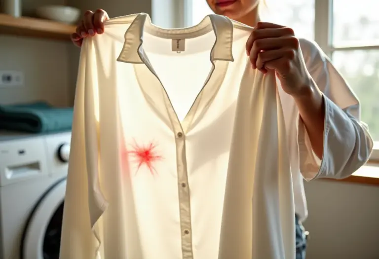 Mulher brasileira examinando mancha de base em blusa branca em lavanderia iluminada