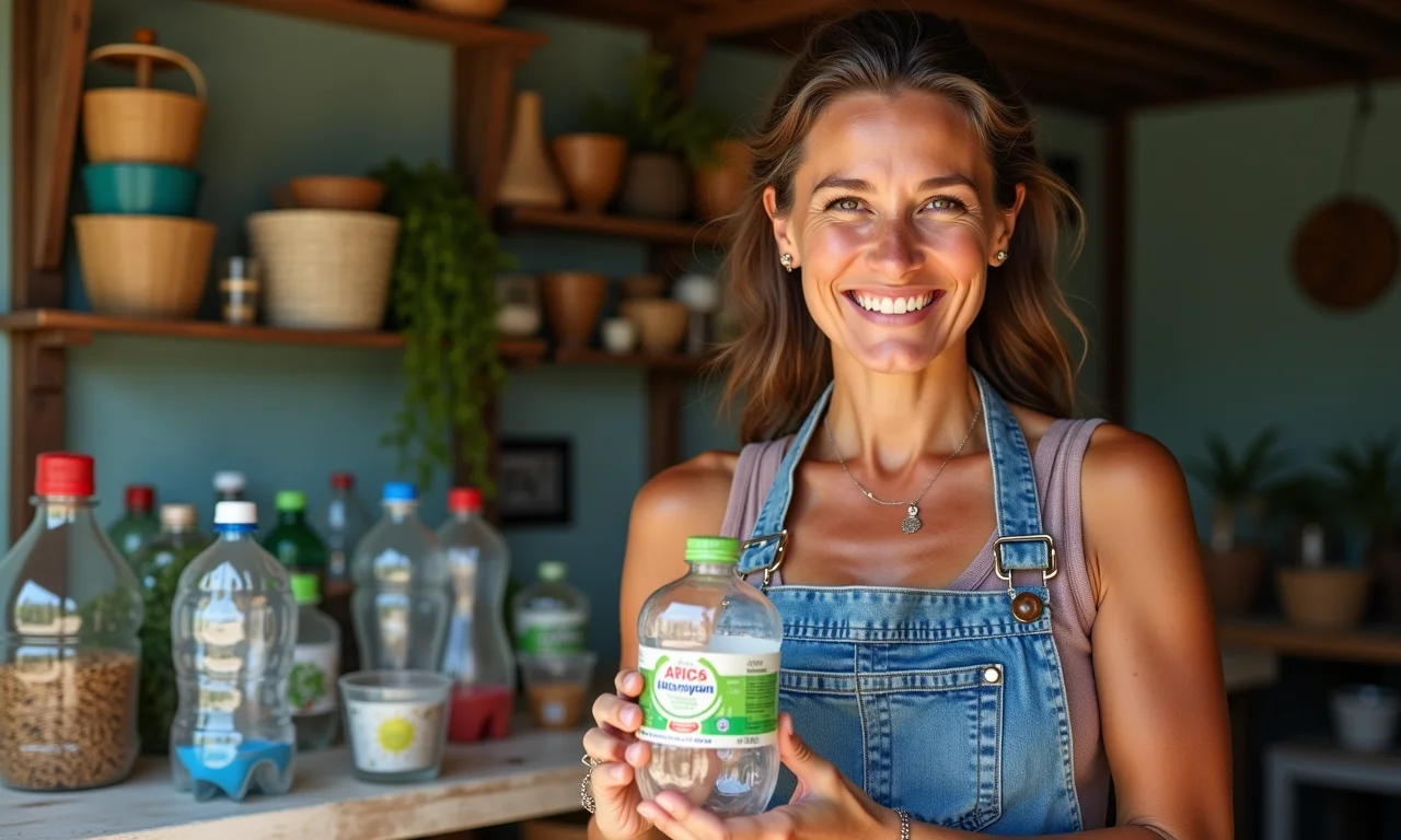 Mulher brasileira mostrando artesanato feito de PET.