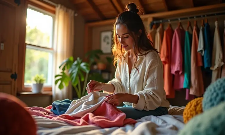 Mulher brasileira organiza roupas de verão em um quarto aconchegante durante o inverno.