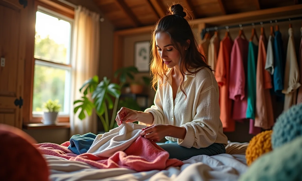 Mulher brasileira organiza roupas de verão em um quarto aconchegante durante o inverno.