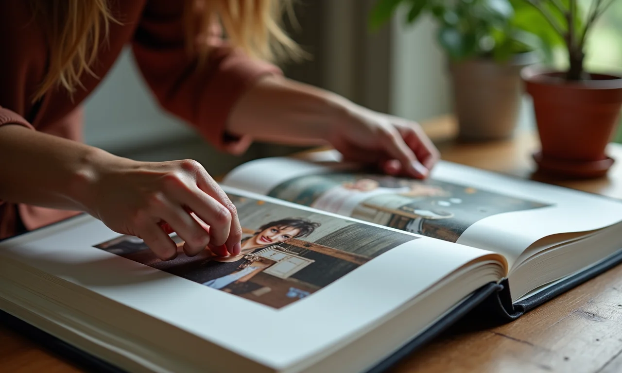 Mulher colocando fotos cuidadosamente em um álbum de fotos.
