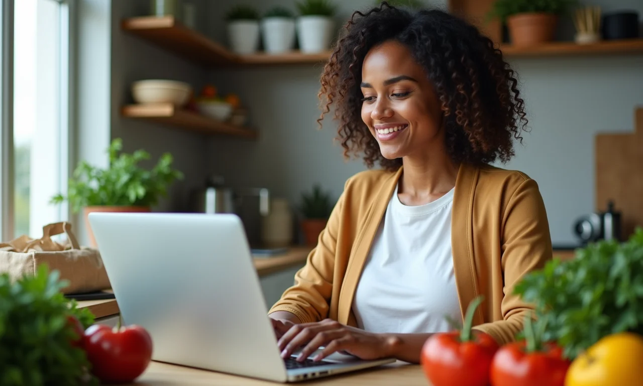 Mulher comprando mantimentos online no laptop com produtos frescos ao lado.