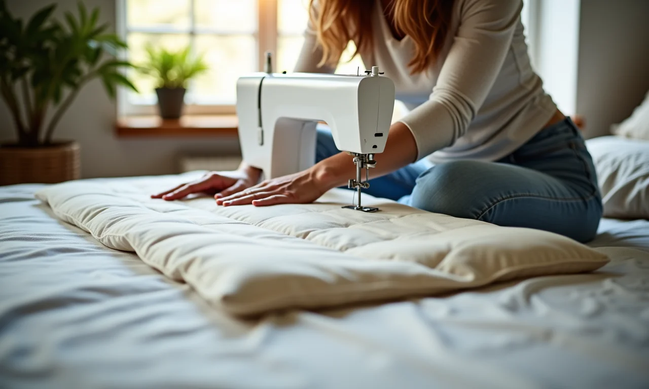 Mulher costurando capa de futon na máquina de costura.