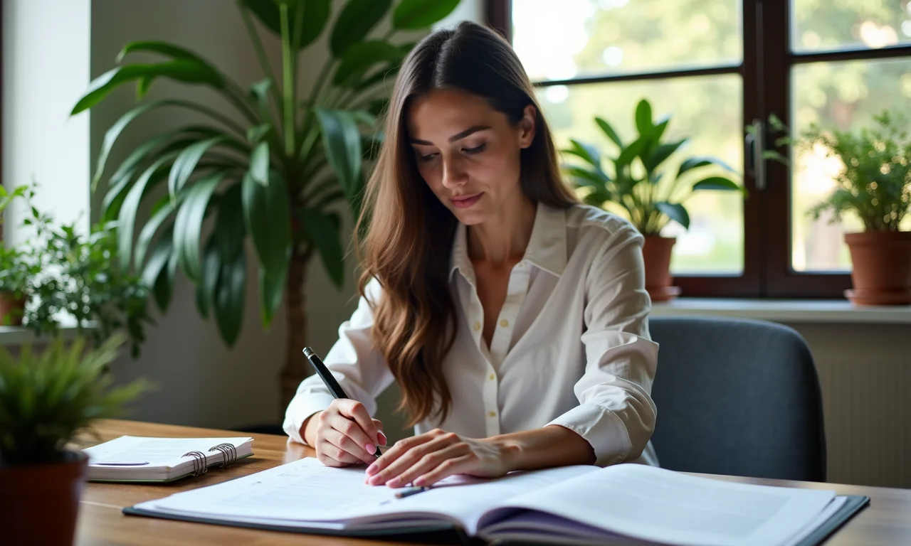 Mulher criando pasta exclusiva para documentos do Imposto de Renda em casa decorada.