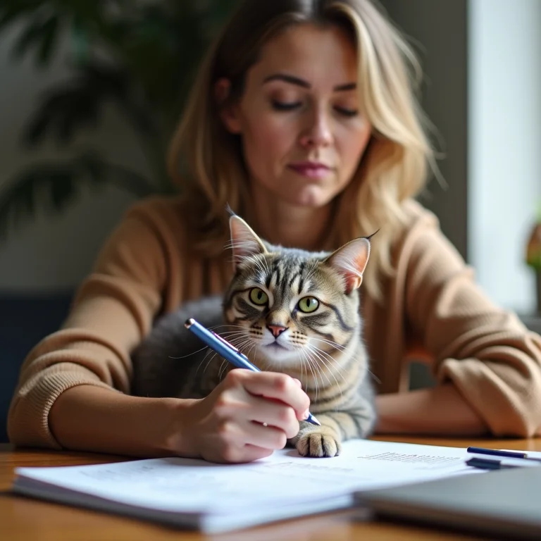 Mulher definindo prioridades de organização com gato ao lado