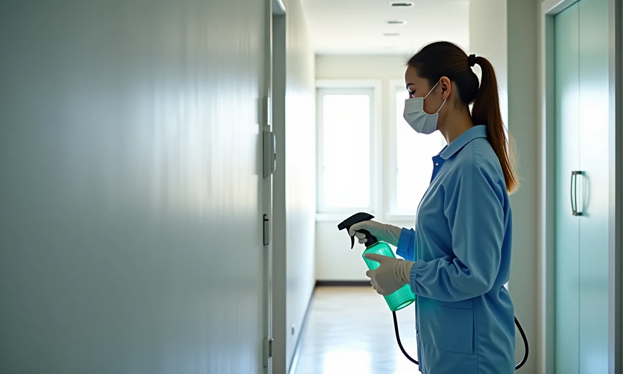 Mulher desinfetando ambiente pós obra com spray.