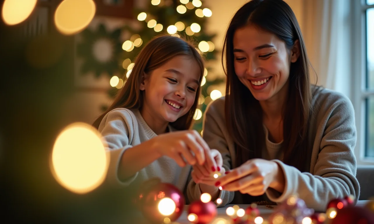 Mulher e adolescente decorando juntas enfeites de Natal sustentáveis.