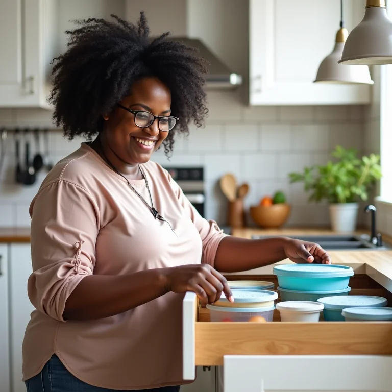 Mulher encontrando a tampa certa em uma gaveta organizada