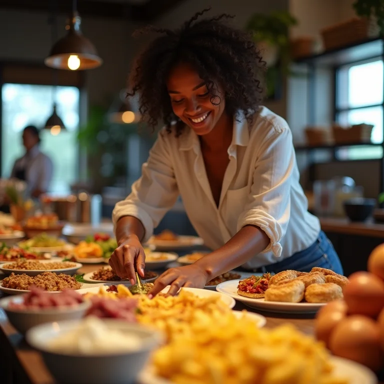 Mulher escolhendo comida no buffet de café da manhã de um hotel