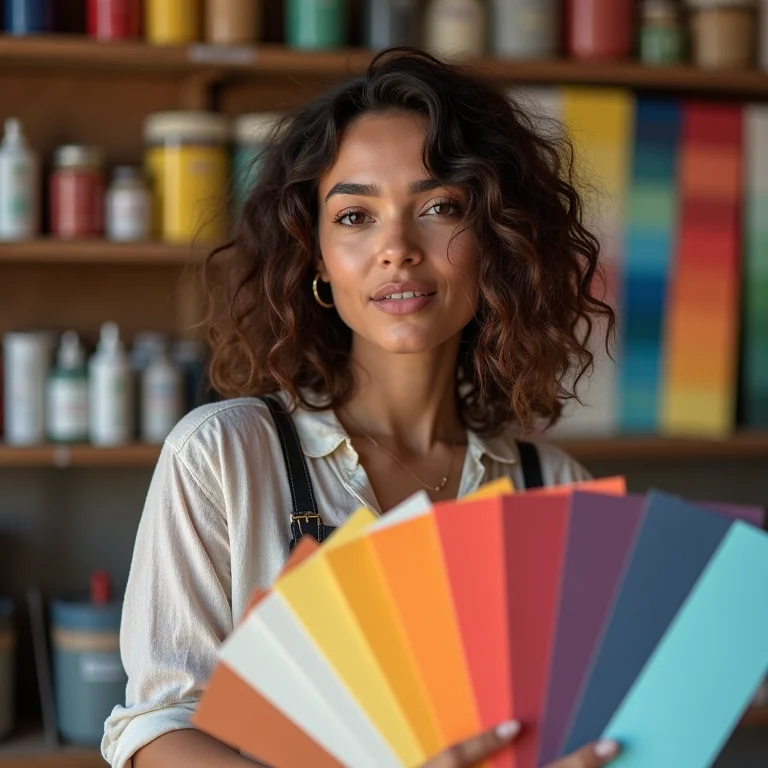 Mulher escolhendo cores de tinta para pintura geométrica