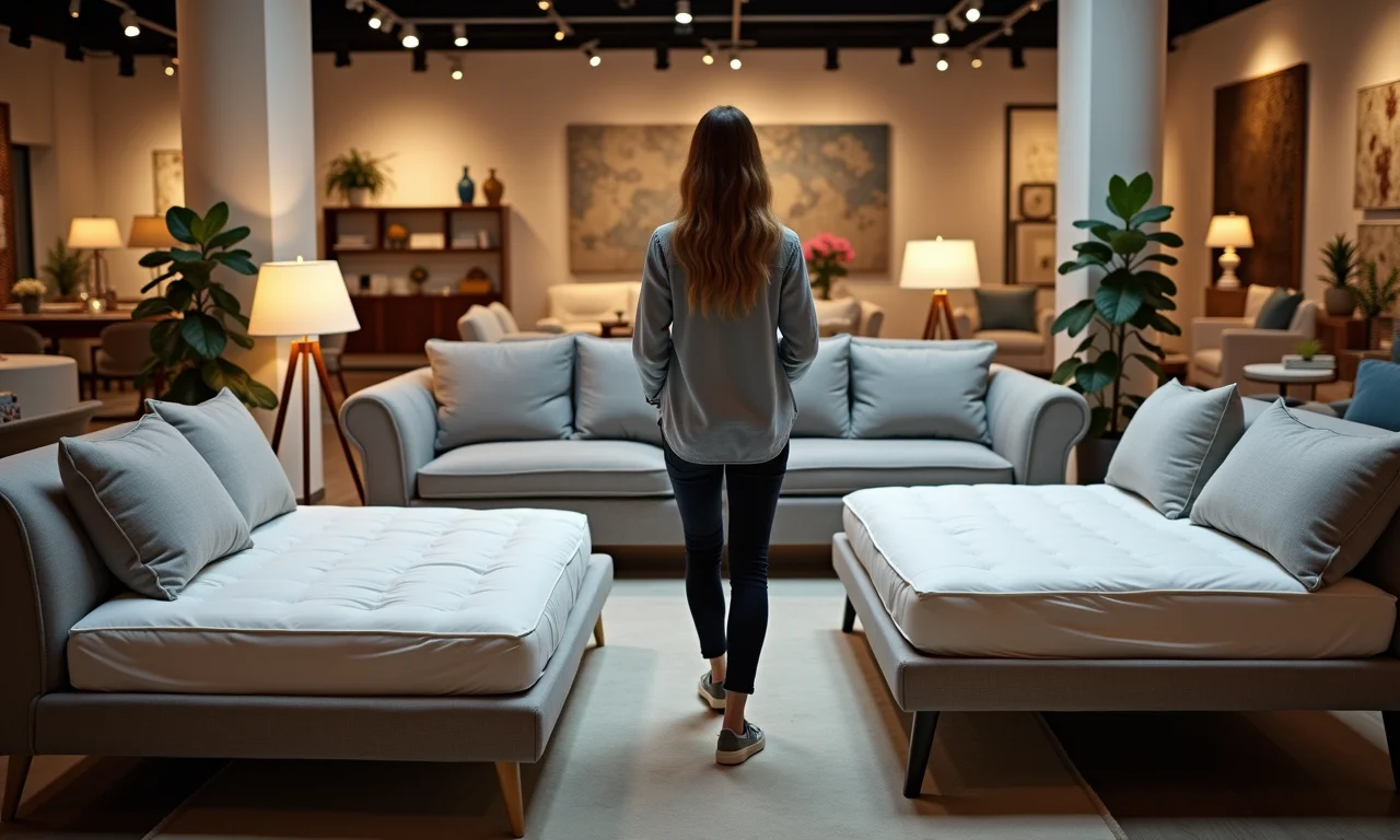Mulher escolhendo entre dois modelos de sofá-cama em loja de móveis.