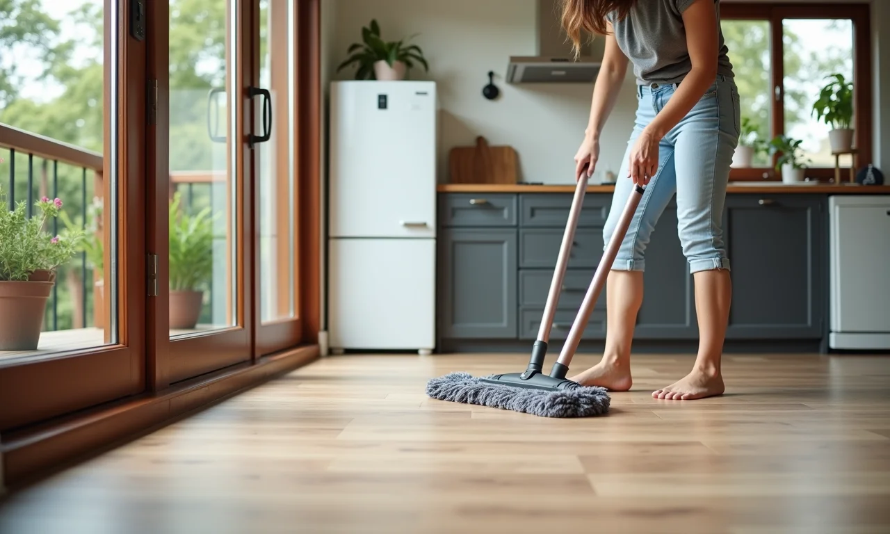 Mulher escolhendo produto para limpar piso pós obra.