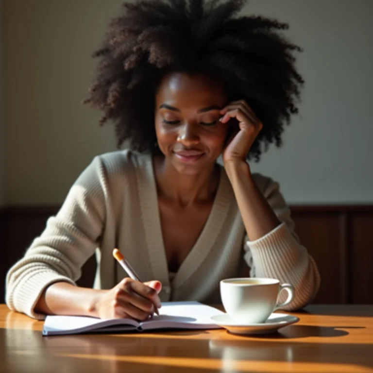 Mulher escrevendo em um diário enquanto toma café