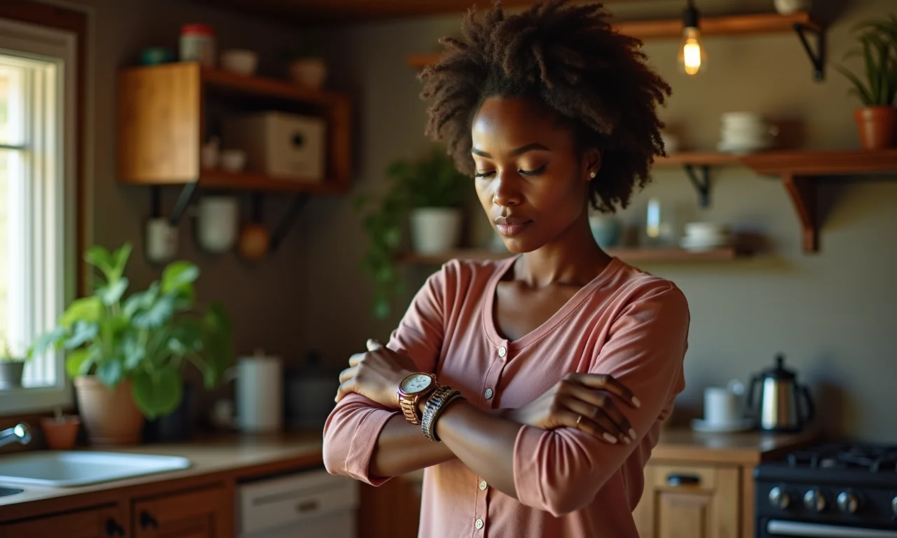 Mulher examinando coleção de relógios em casa, pensando na importância da limpeza.