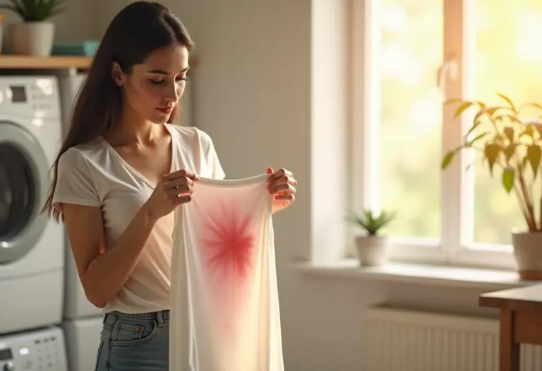 Mulher examinando mancha de maquiagem em camisa em lavanderia bem iluminada