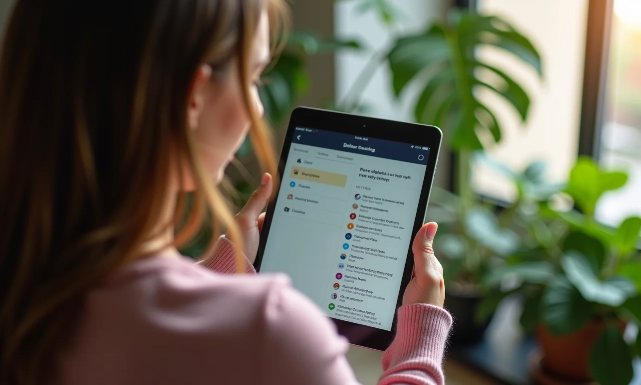 Mulher excluindo arquivos antigos no tablet.