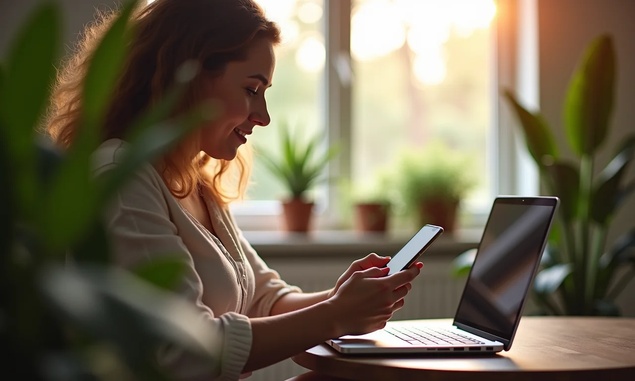 Mulher fazendo backup de fotos do celular na nuvem em seu laptop.