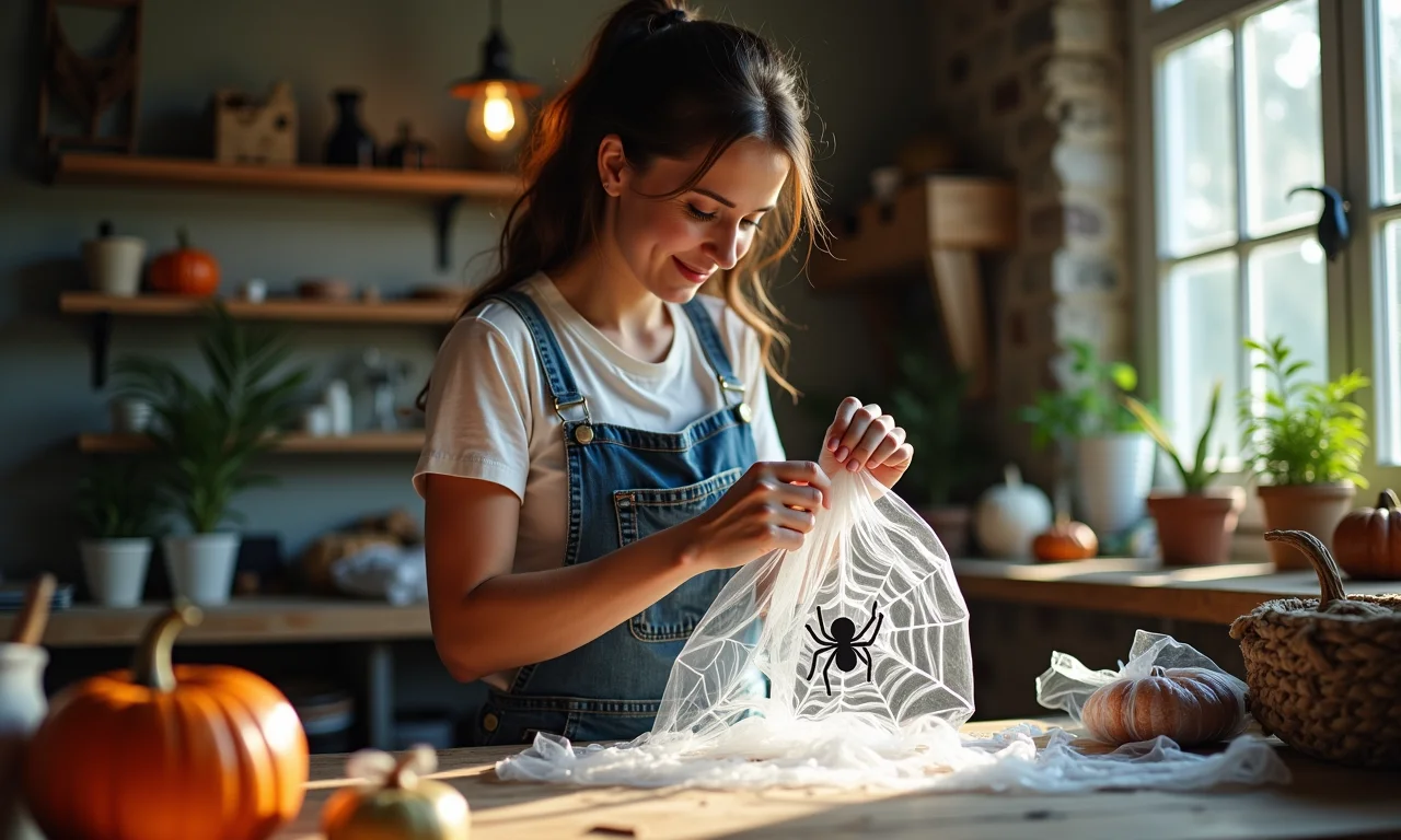 Mulher fazendo teias de aranha com sacolas plásticas em oficina.