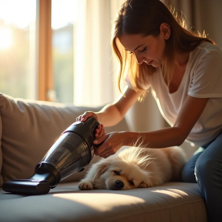 Mulher limpando pelos de sofá com aspirador de pó