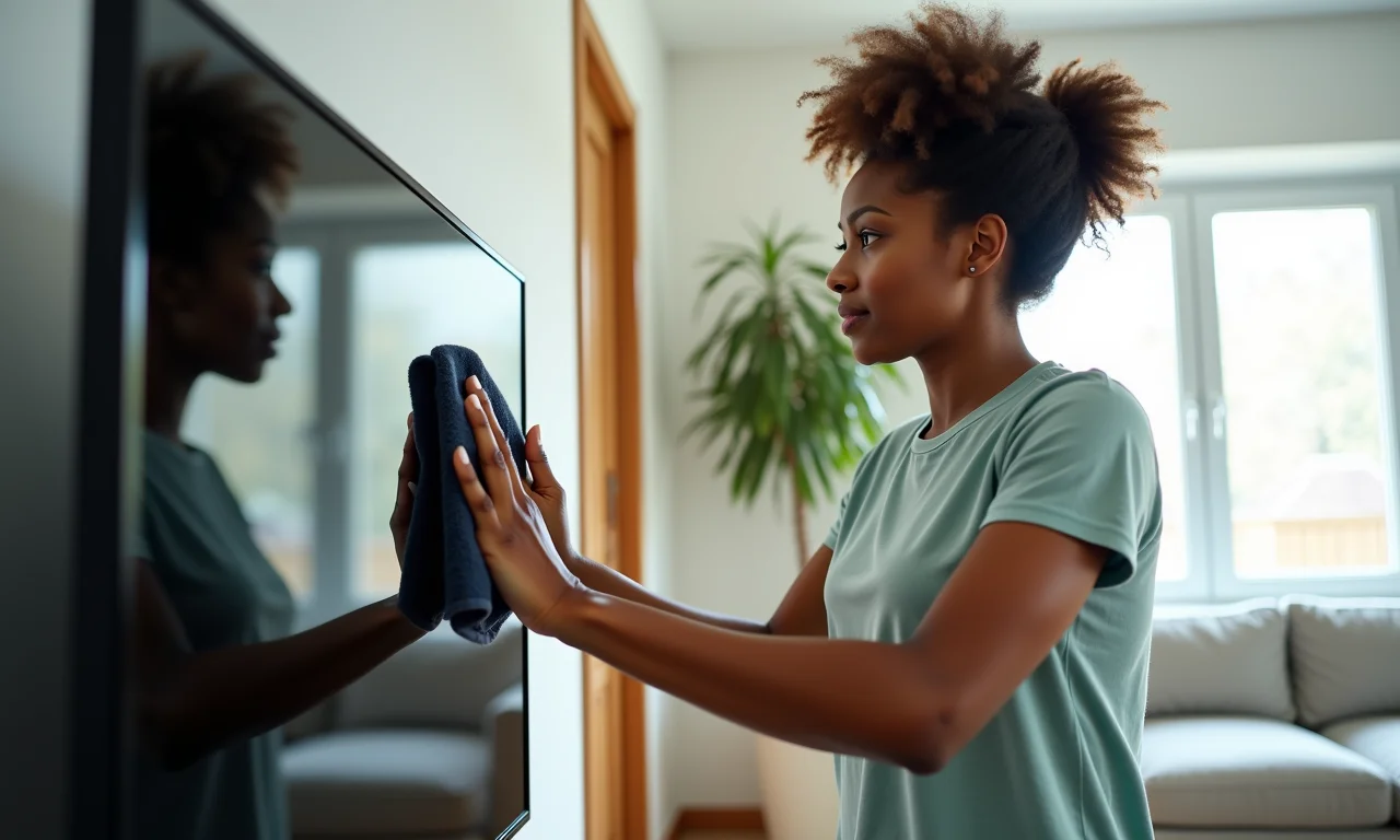 Mulher limpando tela de TV com pano de microfibra, mostrando a tela limpa.