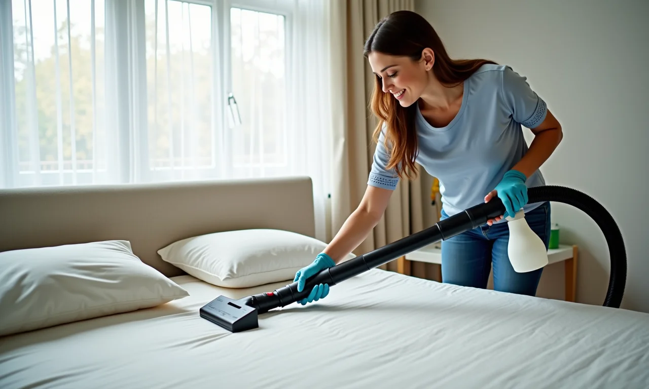 Mulher limpando um sofá-cama de tecido com aspirador e spray.