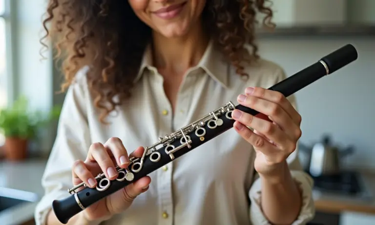 Mulher limpando uma flauta doce desmontada em uma cozinha bem iluminada.