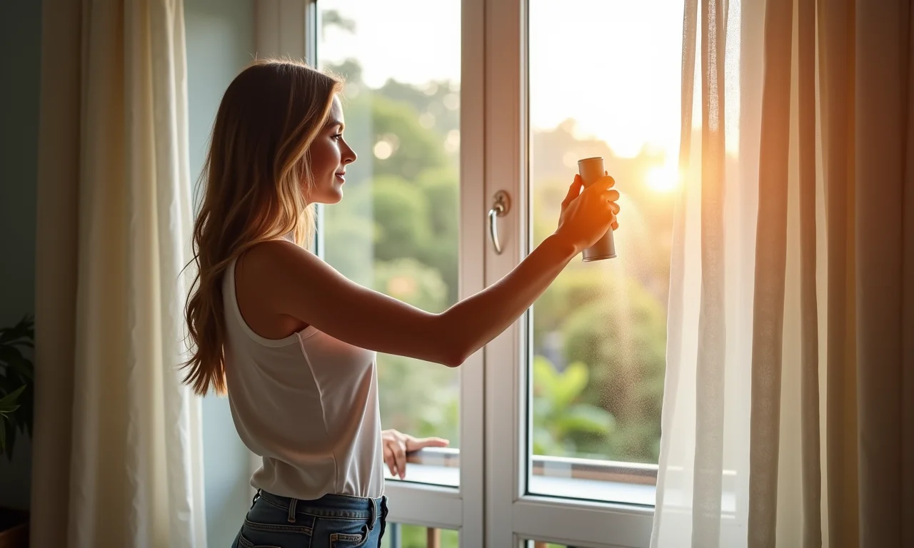 Mulher limpando vidros e espelhos em ambiente pós obra.