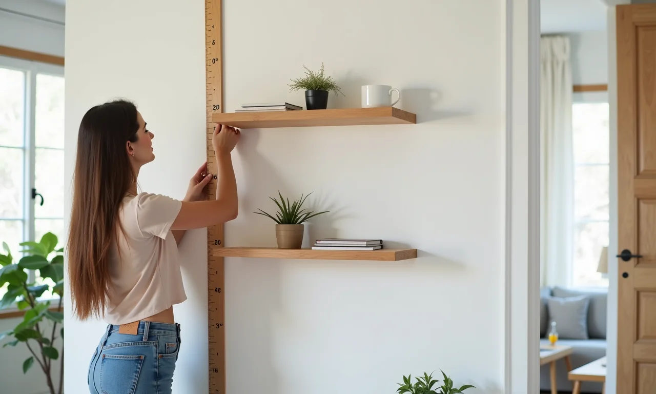 Mulher medindo a parede para determinar a altura ideal para prateleira.