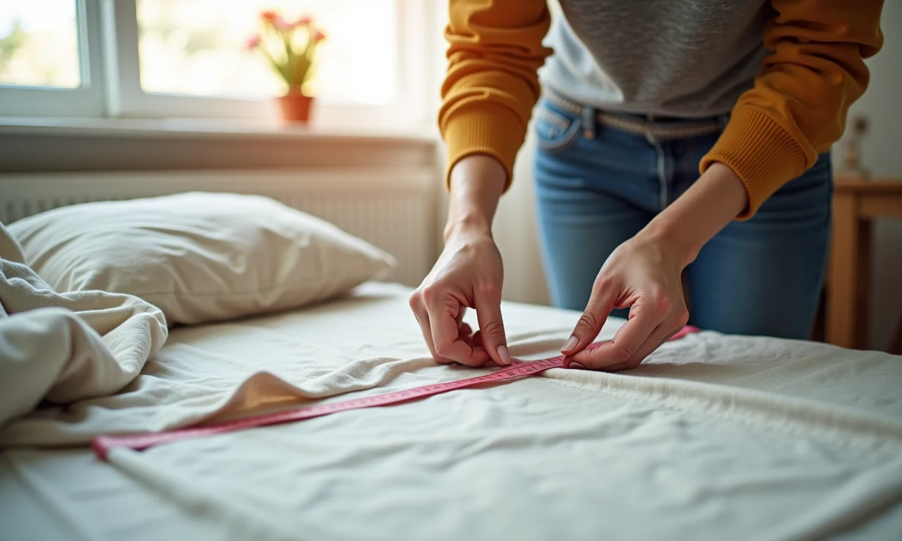 Mulher medindo e cortando tecido para futon.