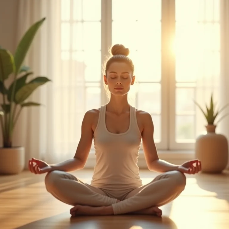 Mulher meditando em ambiente minimalista.