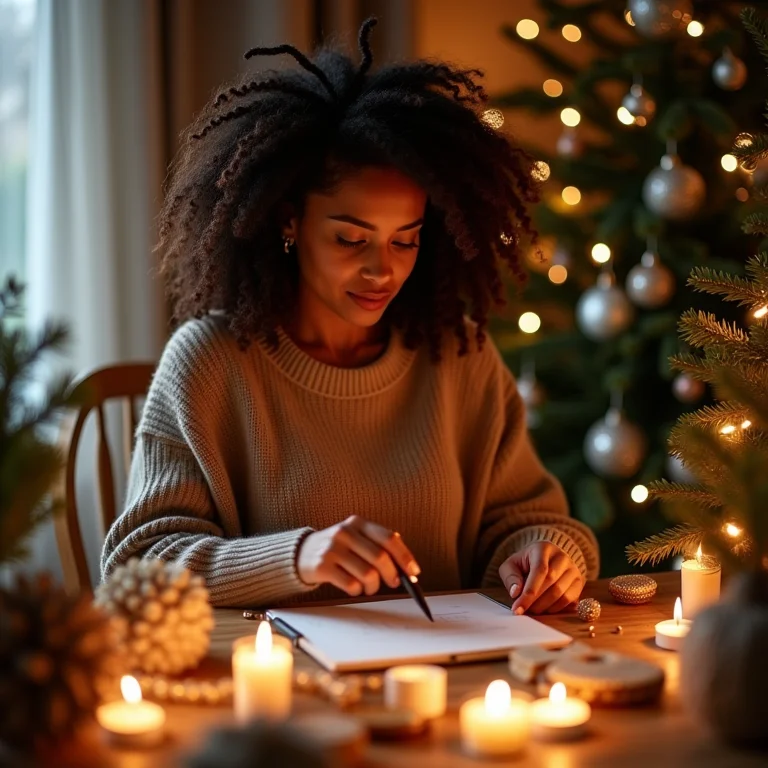 Mulher negra decorando mesa de Natal com seu estilo pessoal.