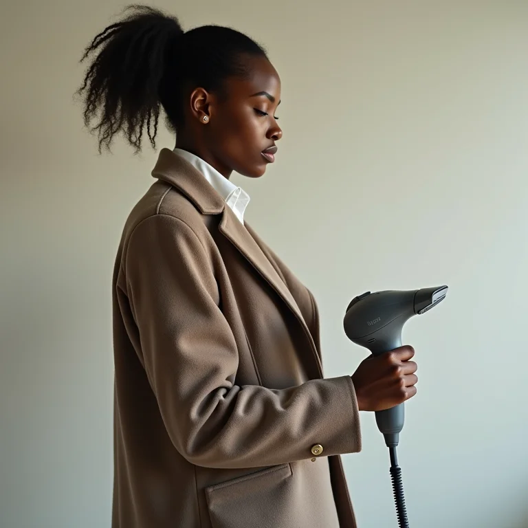 Mulher negra higienizando casaco de lã com vaporizador